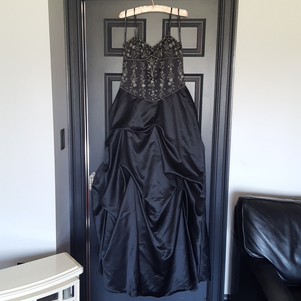 Black Satin Ruched Ballgown Beaded Bodice Gown